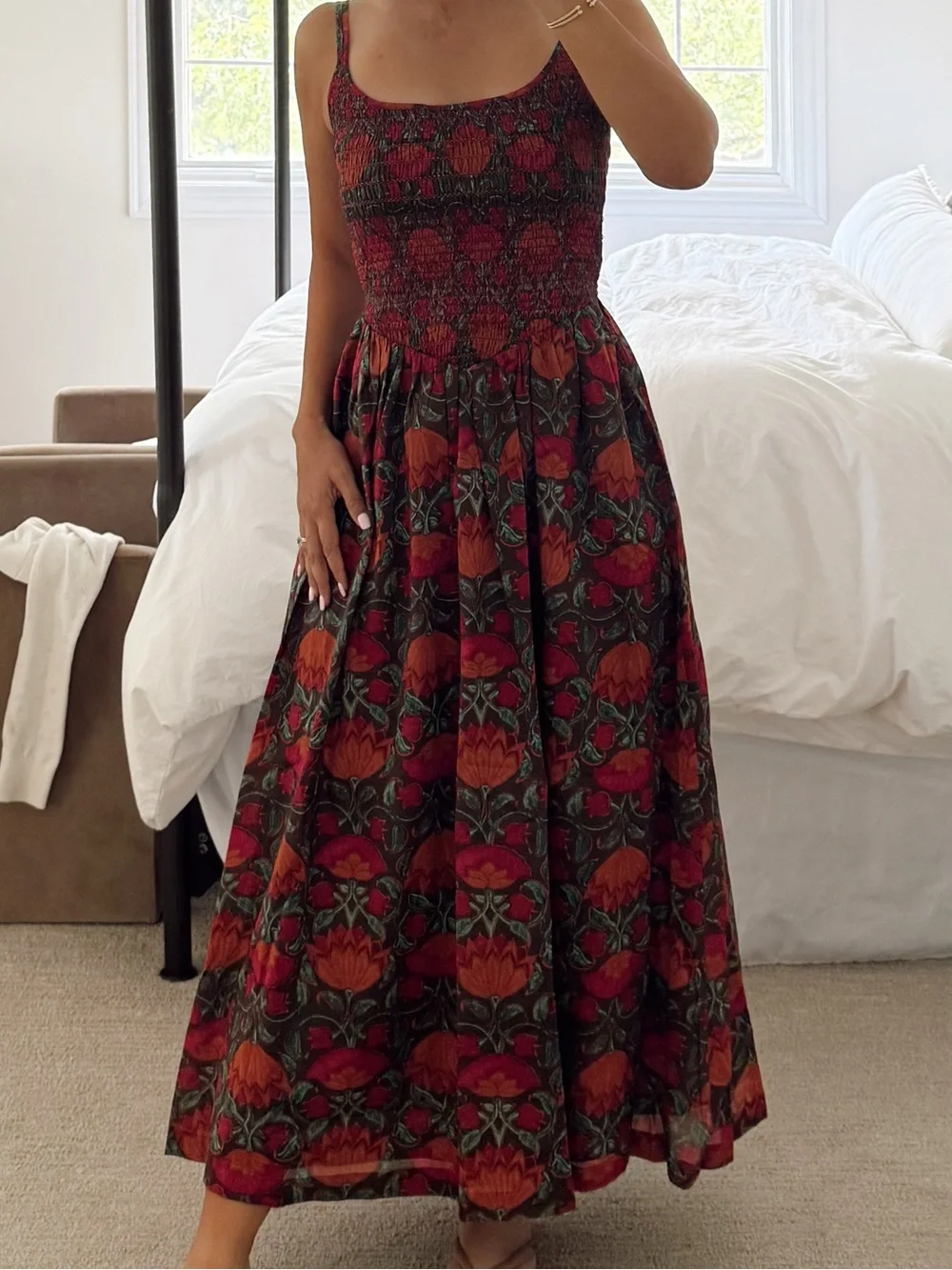 Abercrombie Smocked Bodice Floral Maxi Dress in Red and Orange